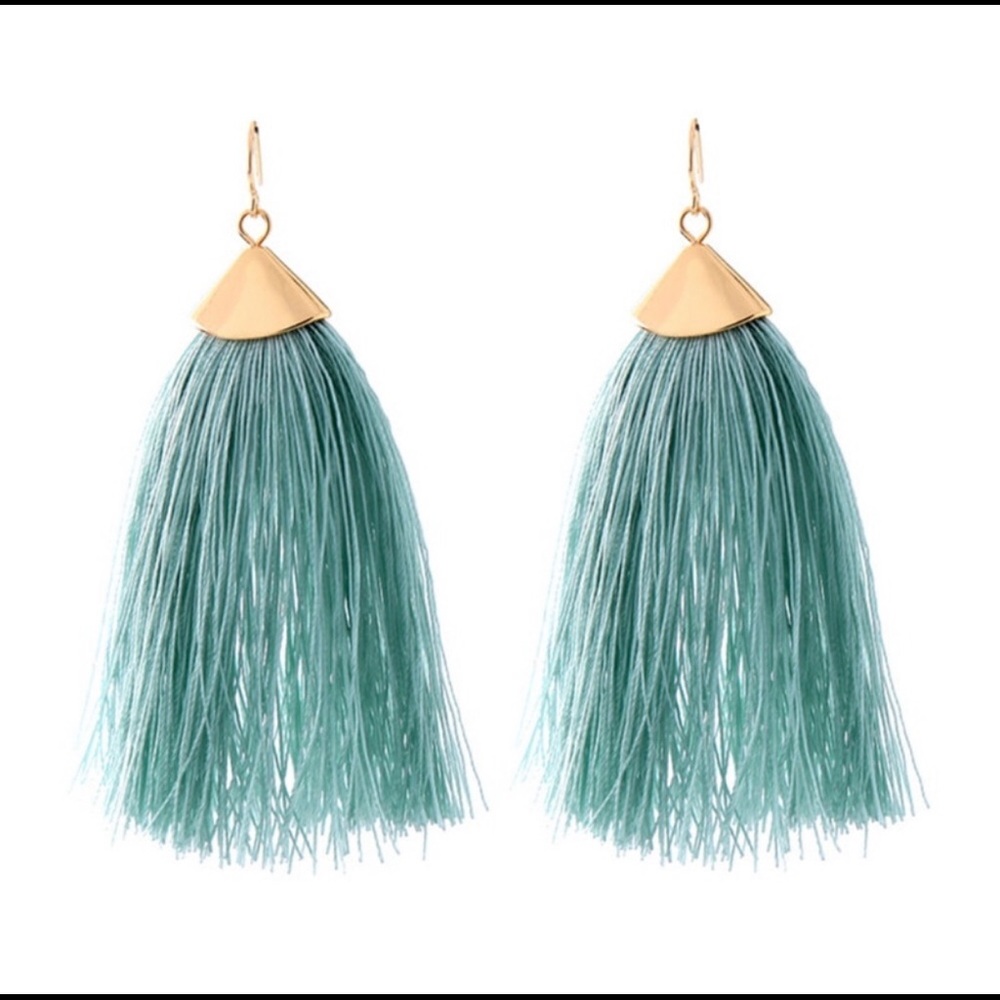GORGEOUS BRUSHED GOLD CAP TEAL TASSEL EARRINGS!! - Picture 5 of 7